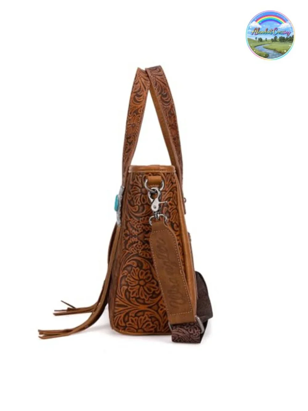 Western Tooled Cowhide Tote Handbag with Fringe & Turquoise Concho